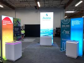 RENTAL: (1) 5 ft. Wide x 12 ft. High Double-Sided Lightbox, (2) 5 ft. Wide x 8 ft. High Double Framed Kiosks with One Backlit and One Non-Backlit, (4) RE-1575 White Laminated Counters with Recessed LED/RGB Lighting, (1) RE-1576 White Laminted Counter with