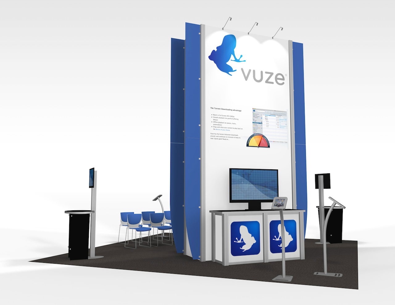 20x20 Island Trade Show Exhibit Rental with multiple video monitors and iPad kiosks